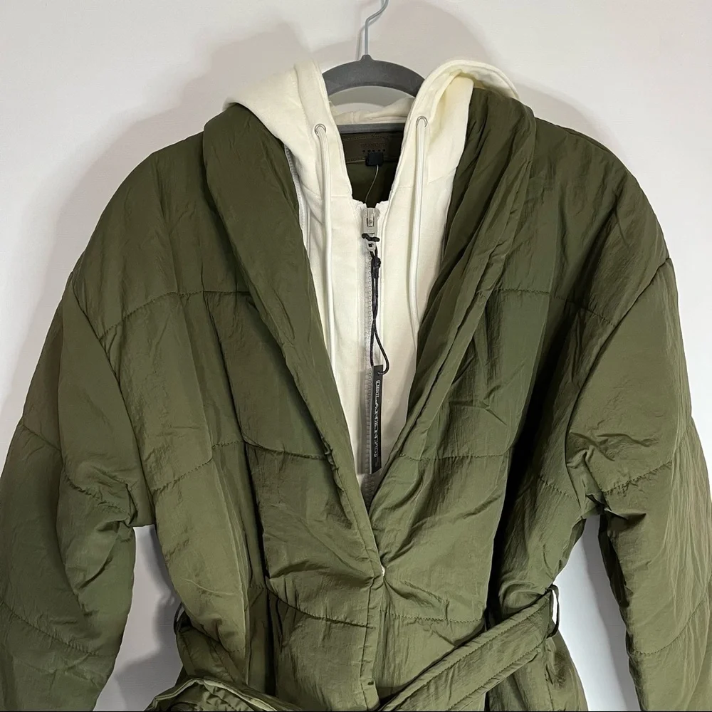 25) NWT BLANK NYC Olive Green & Cream Hooded Quilted Tie Waist Puffer Jacket MED - Picture 8 of 14